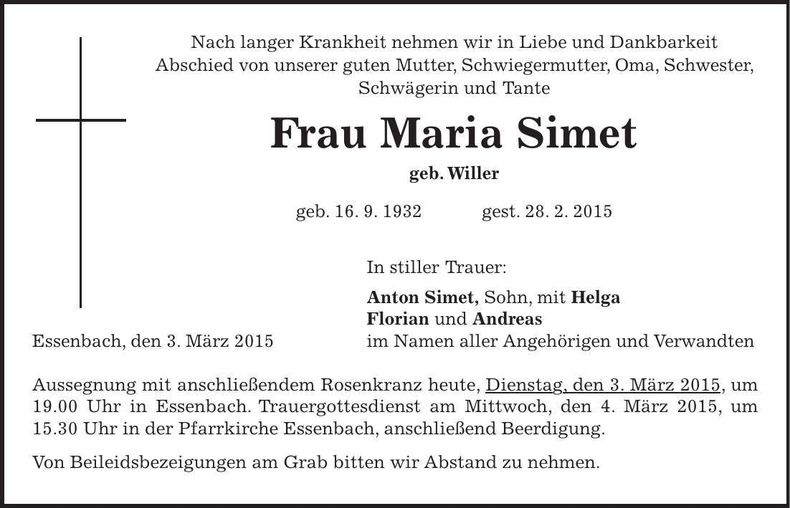 Traueranzeige Maria Simet