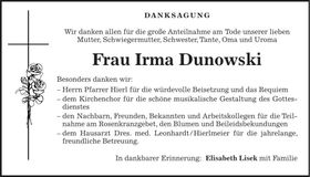 Traueranzeige Irma Dunowski