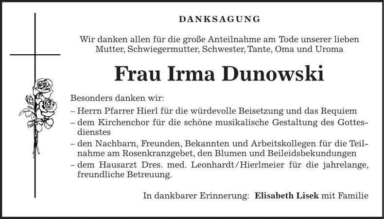 Traueranzeige Irma Dunowski