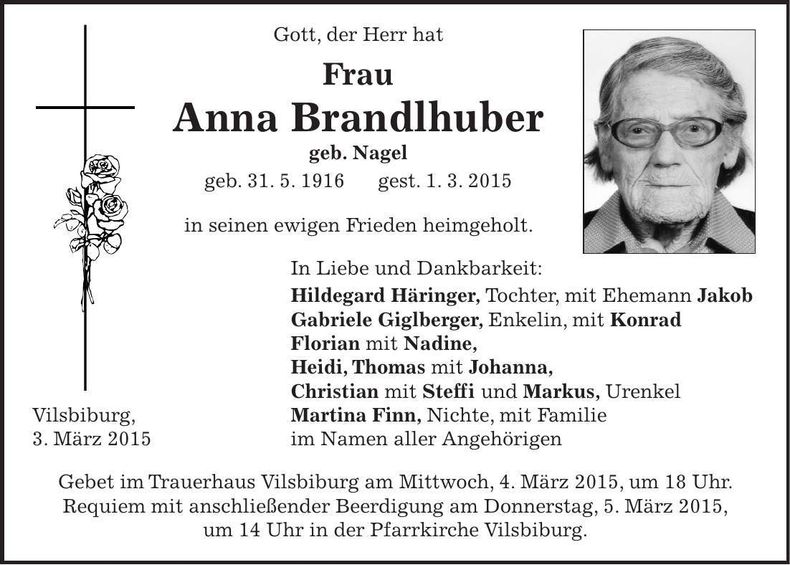 Traueranzeige Anna Brandlhuber