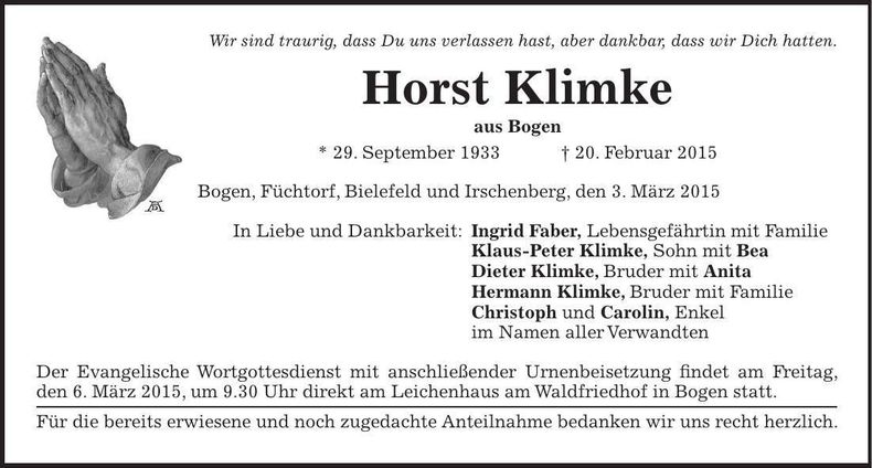 Traueranzeige Horst Klimke