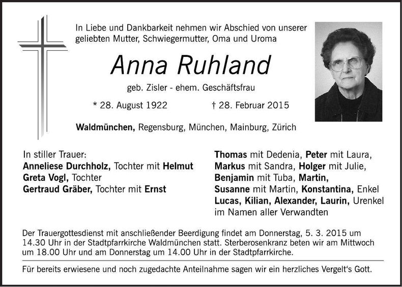 Traueranzeige Anna Ruhland
