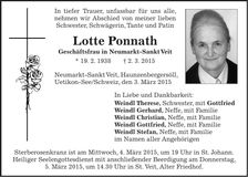 Traueranzeige Lotte Ponnath