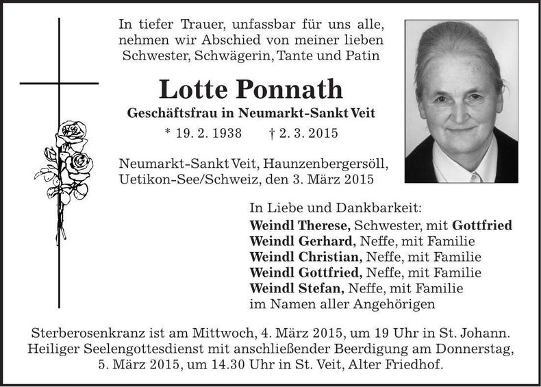 Traueranzeige Lotte Ponnath