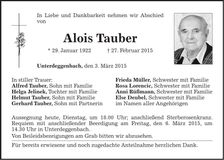 Traueranzeige Alois Tauber