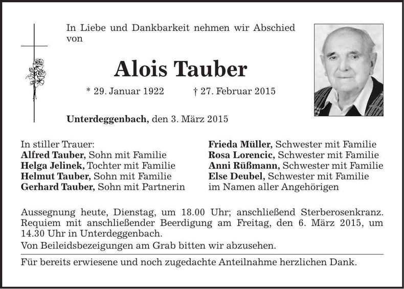 Traueranzeige Alois Tauber