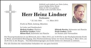 Traueranzeige Heinz Lindner