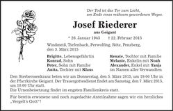 Traueranzeige Josef Riederer