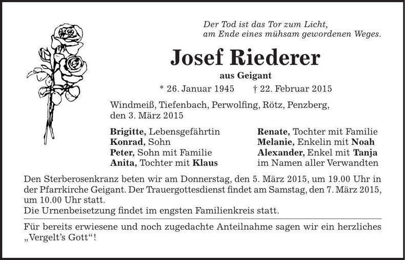 Traueranzeige Josef Riederer