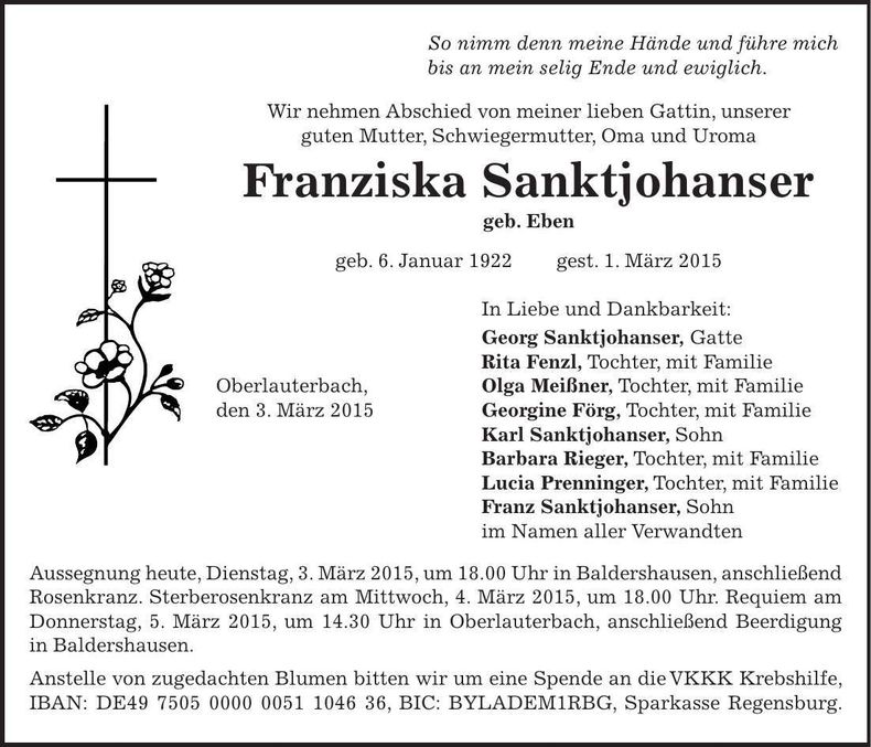 Traueranzeige Franziska Sanktjohanser