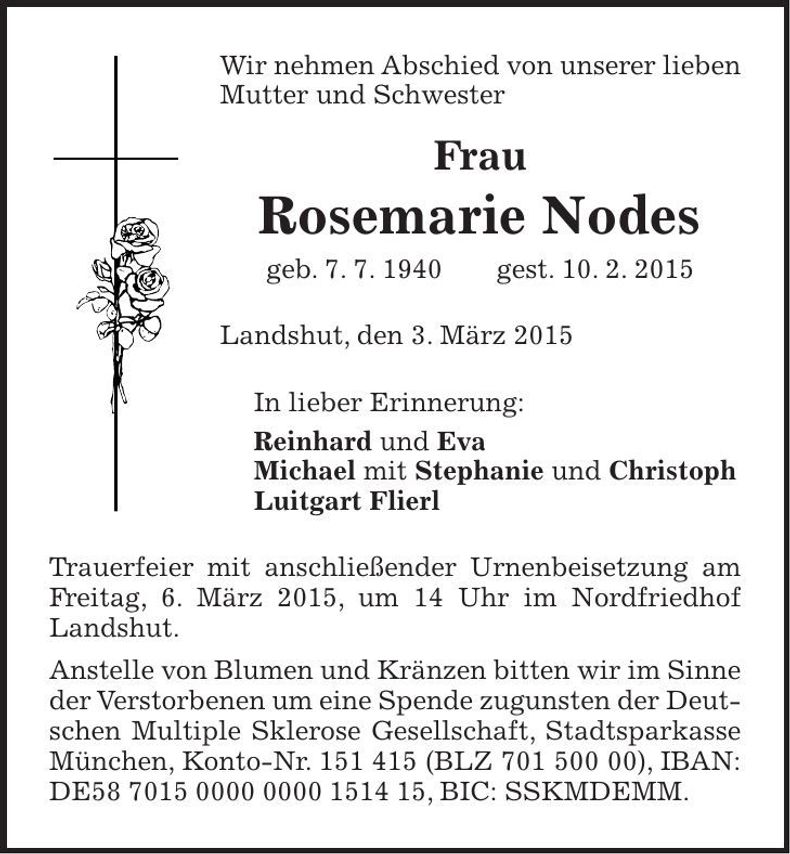 Traueranzeige Rosemarie Nodes