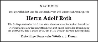 Traueranzeige Adolf Roth