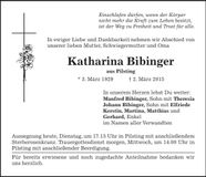Traueranzeige Katharina Bibinger