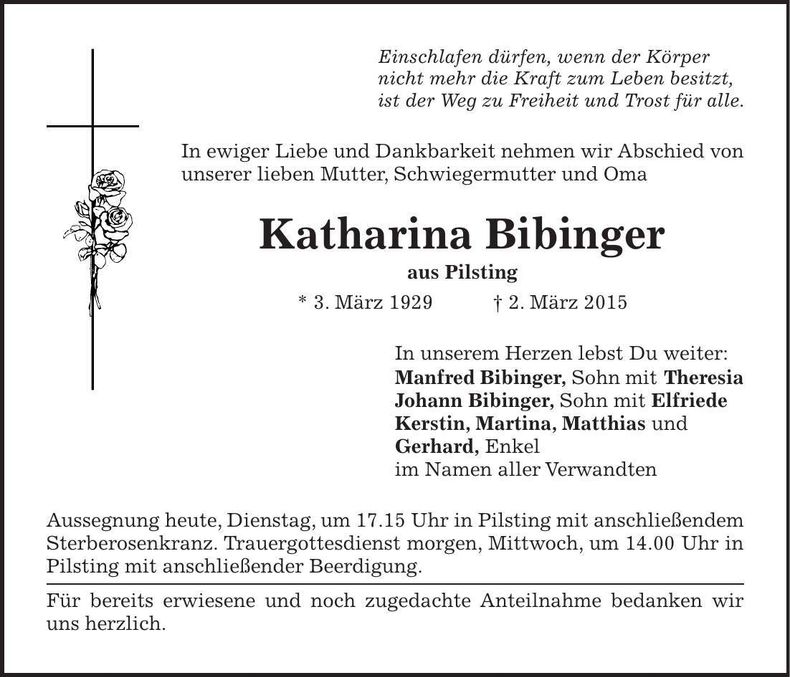 Traueranzeige Katharina Bibinger