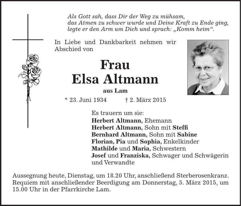Traueranzeige Elsa Altmann