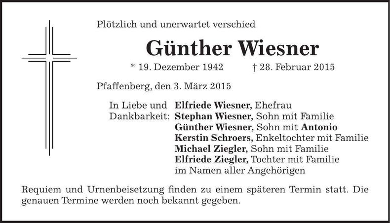 Traueranzeige Günther Wiesner