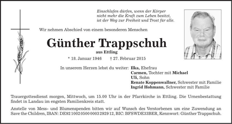 Traueranzeige Günther Trappschuh