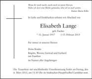 Traueranzeige Elisabeth Lange