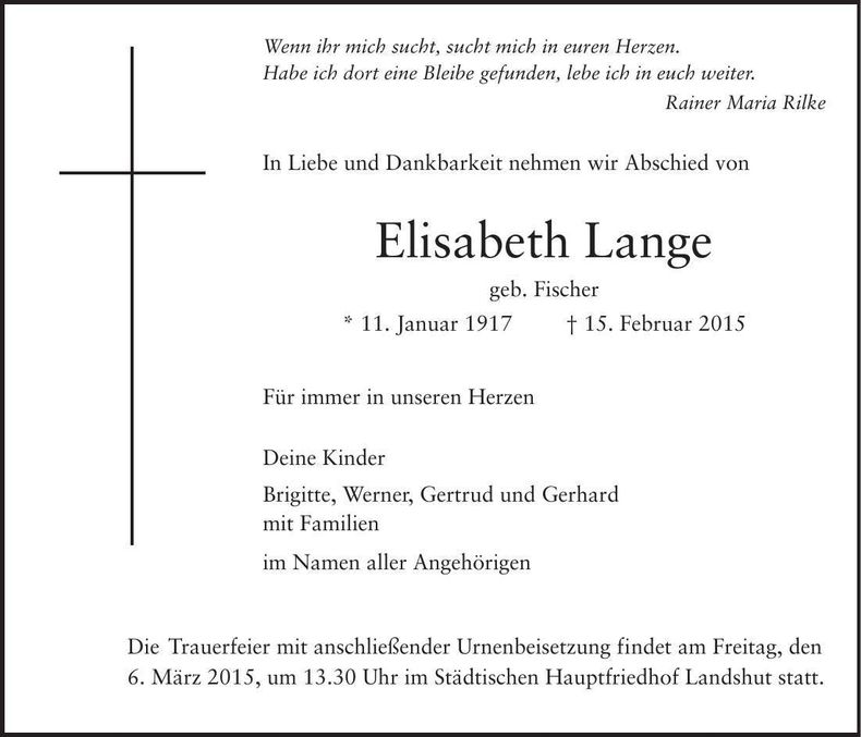 Traueranzeige Elisabeth Lange