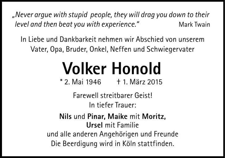 Traueranzeige Volker Honold