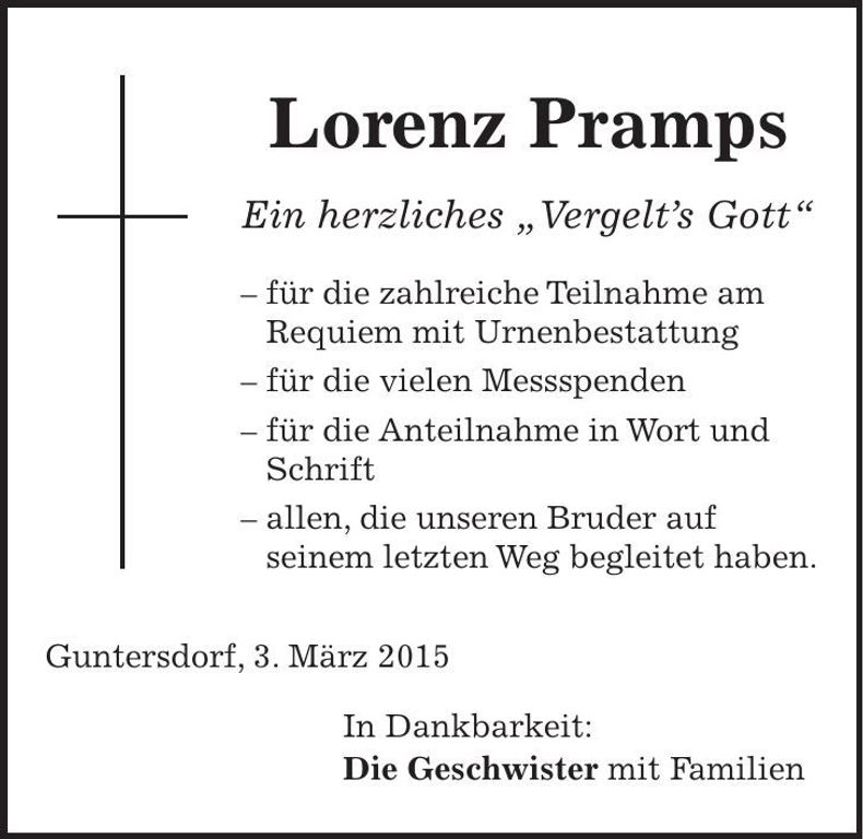 Traueranzeige Lorenz Pramps