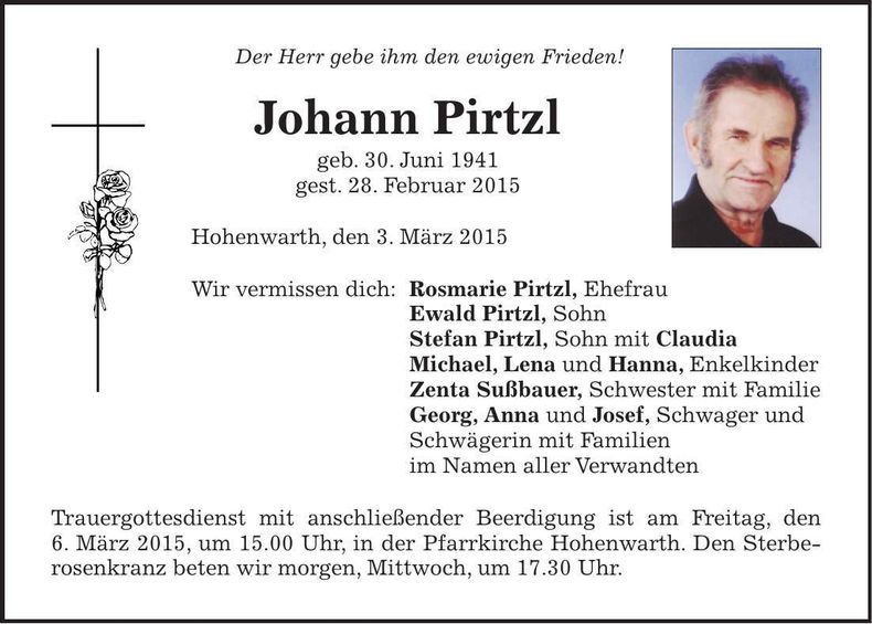 Traueranzeige Pirtzl Johann