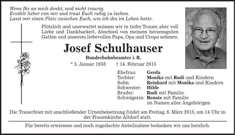 Traueranzeige Josef Schulhauser
