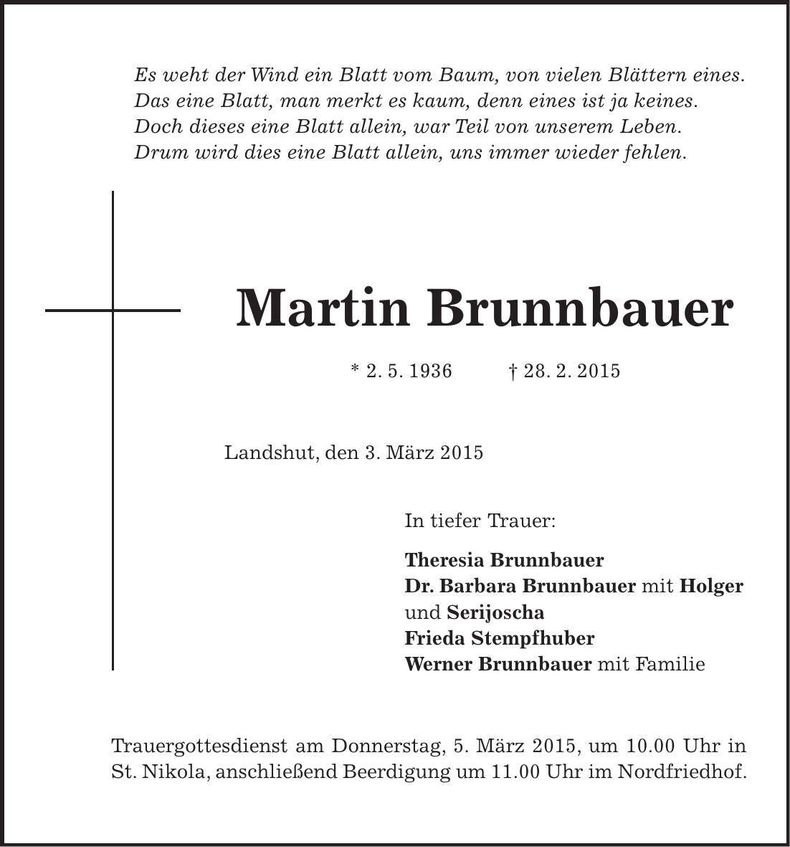 Traueranzeige Martin Brunnbauer