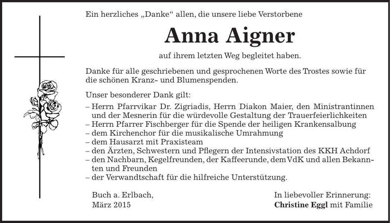 Traueranzeige Anna Aigner