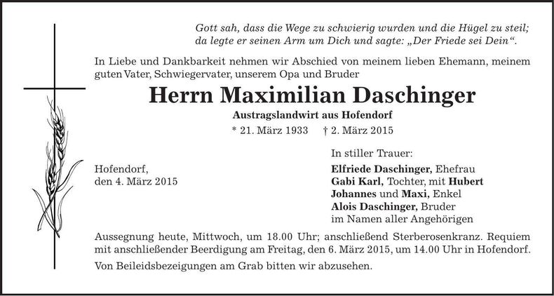 Traueranzeige Maximilian Daschinger