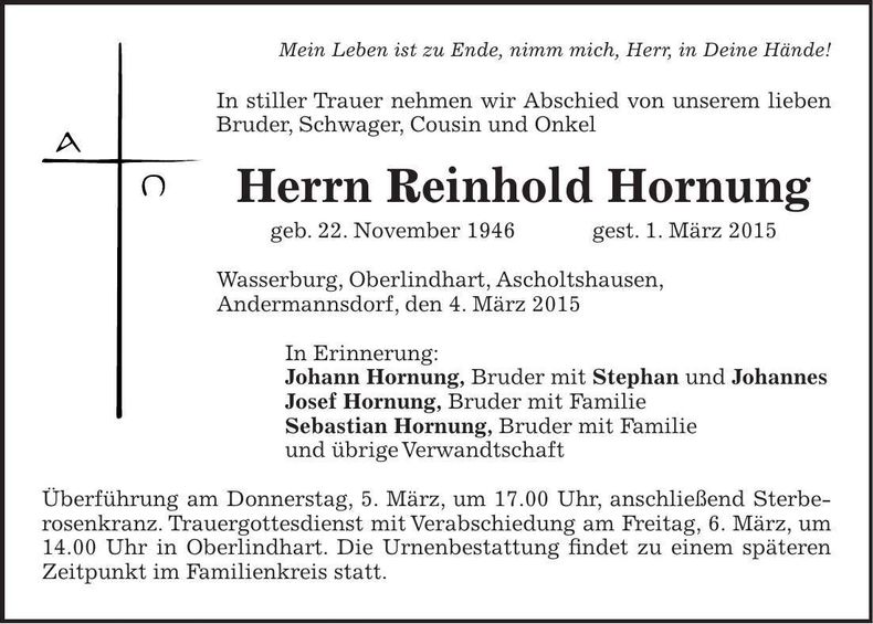 Traueranzeige Reinhold Hornung