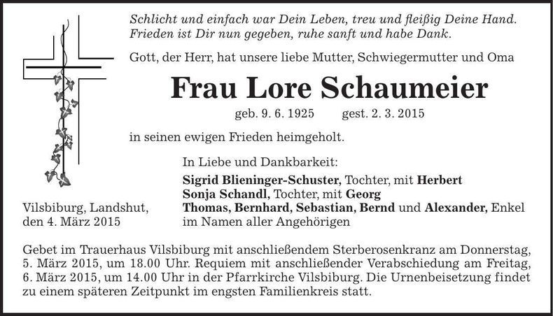 Traueranzeige Lore Schaumeier