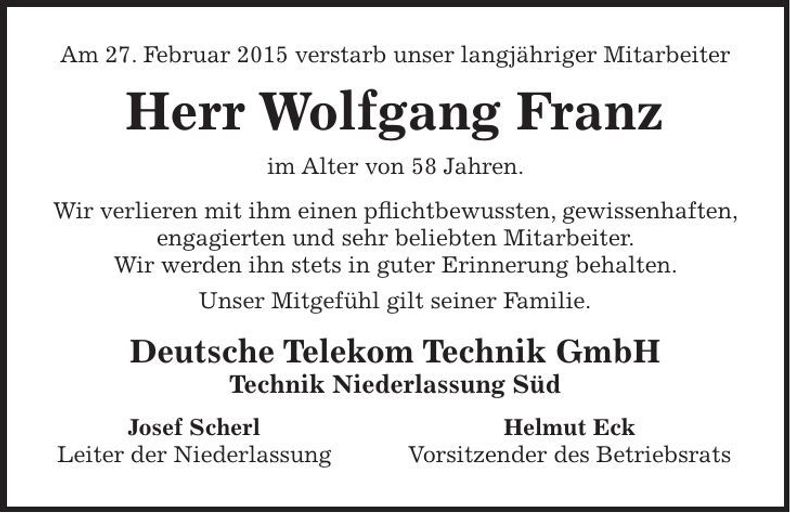 Traueranzeige Wolfgang Franz