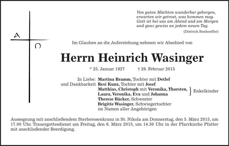 Traueranzeige Heinrich Wasinger