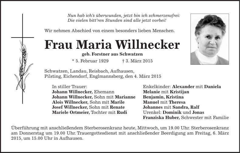 Traueranzeige Maria Willnecker
