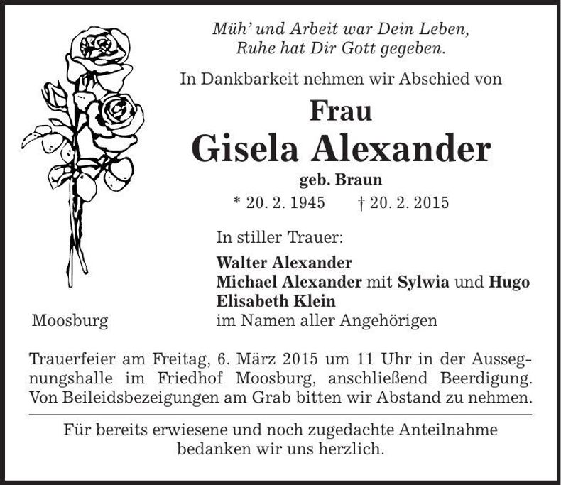 Traueranzeige Gisela Alexander