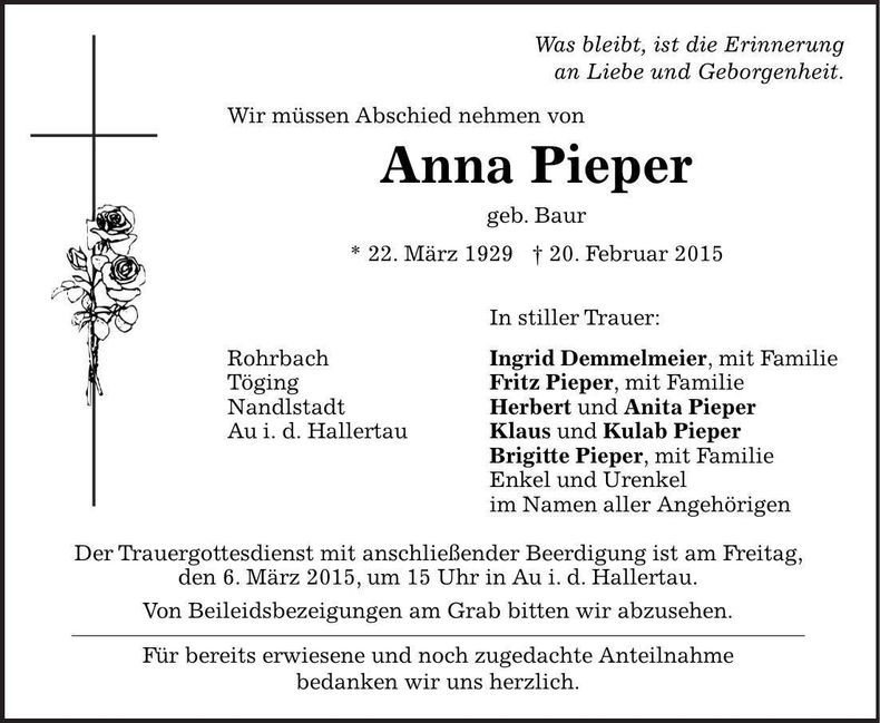 Traueranzeige Anna Pieper