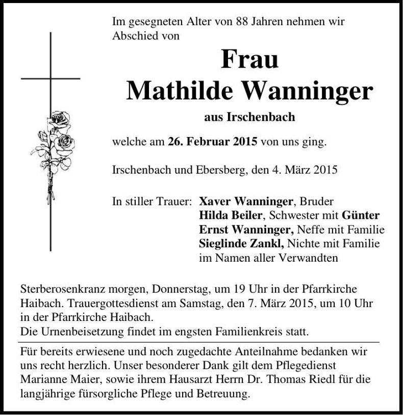 Traueranzeige Mathilde Wanninger