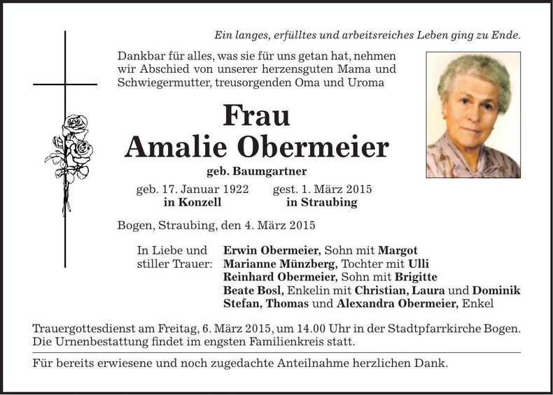 Traueranzeige Amalie Obermeier