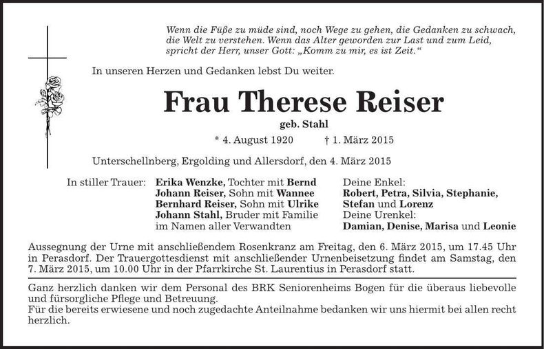 Traueranzeige Therese Reiser