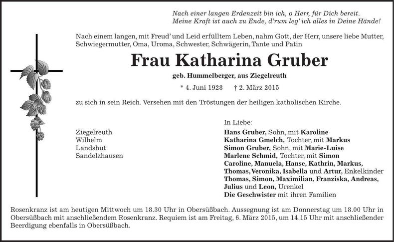 Traueranzeige Katharina Gruber