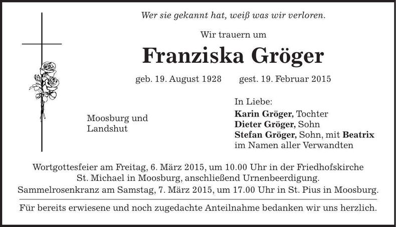 Traueranzeige Franziska Gröger