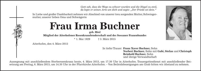 Traueranzeige Irma Buchner