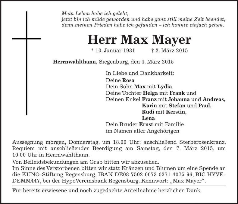 Traueranzeige Max Mayer