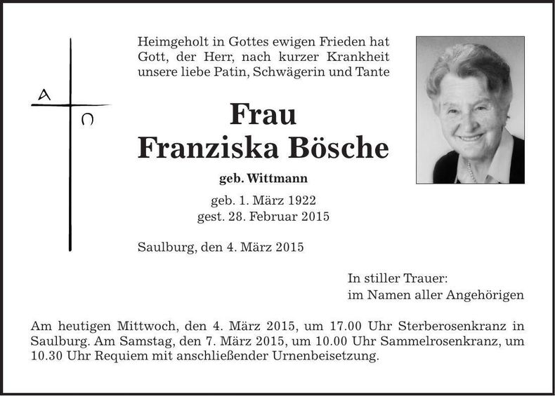 Traueranzeige Franziska Bösche