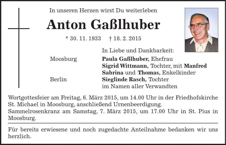 Traueranzeige Anton Gaßlhuber