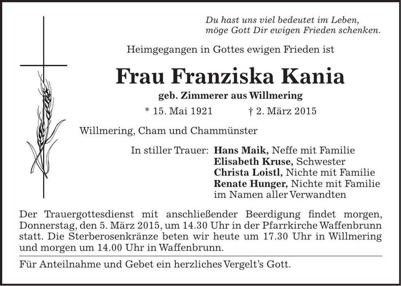 Traueranzeige Franziska Kania