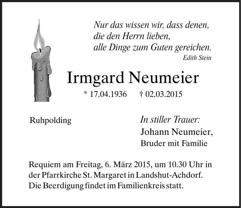 Traueranzeige Irmgard Neumeier