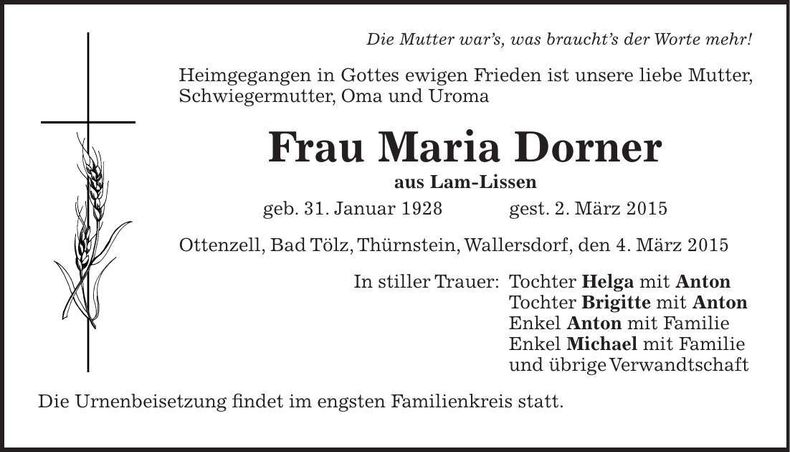 Traueranzeige Maria Dorner