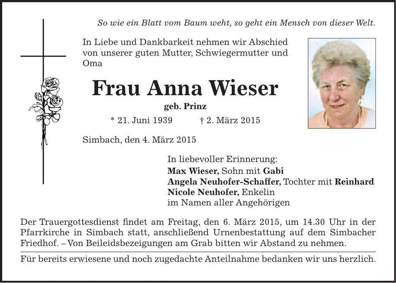 Traueranzeige Anna Wieser